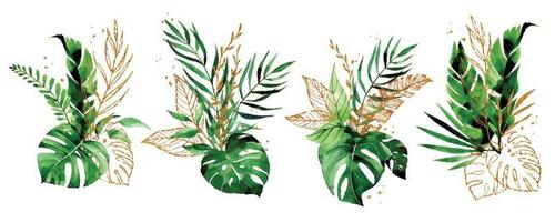 watercolor drawing. set of bouquets, compositions of tropical leaves and golden elements. green and gold leaves of palm, monstera. vintage style vector