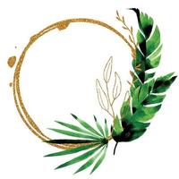 golden round frames with watercolor green tropical leaves. abstract frame with gold splashes and palm leaves, monstera vector