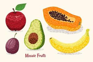 conjunto de frutas en estilo mosaico con pequeñas formas poligonales. manzana, ciruela, aguacate, plátano, papaya. ilustración vectorial aislada. vector