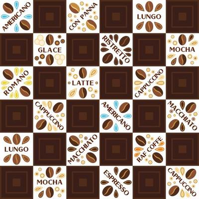 Coffee theme staggered background with design elements in simple geometric style. Good for branding, decoration of food package, cover design, decorative print, background
