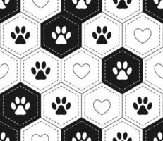 Seamless pattern background with hearts and footprints of home pet in hexagonal grid. Black and white. Vector. vector