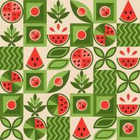 Seamless pattern with watermelon elements, various simple geometric shapes. Leaves, seeds, watermelon slices. Good for decoration of food package, cover design, decorative print, background. Vector