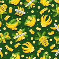 Seamless background with bananas, logos, emblems, badges with bananas, banana flowers, leaves, slices, bunch of bananas. Good for decoration of food package, wrapping. Vector pattern