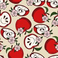 Seamless pattern with red apples, apple slices, blossom and leaves on beige background. Vector