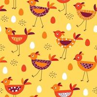 Seamless pattern with cute cartoon birdies on thin legs, eggs, dots. Simple geometric style. Vector design elements. Good for kid fabric, textile.