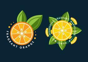 Set of logos, emblems, badges with orange, lemon, green leaves, fruit slices. Good for decoration of food packaging, groceries, agriculture stores, advertising. Flat style vector