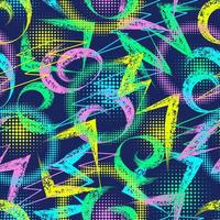 Abstract pattern with paint brush strokes, outline lightnings, halftone round shapes. Multicolored swirls, zigzags, dots. Modern grunge texture with halftone. Perfect for sportswear, sporting goods vector