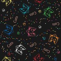 Multicolored cat faces with cat's paws and dots on black background in chaotic order. Line art style. Vector seamless pattern.