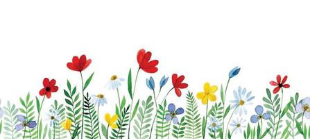 watercolor seamless border, frame with wildflowers. cute floral print with red and blue flowers. simple leaves and flowers on white background vector