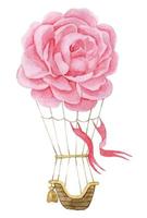 watercolor drawing hot air balloon with flowers. pink peony. delicate pattern for girls, gentle balloon print. vector