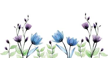 banner de acuarela, borde con flores transparentes. dibujo a mano vintage con flores silvestres azules y moradas y hierbas verdes y ramas sobre un fondo blanco. acuarela delicada vector