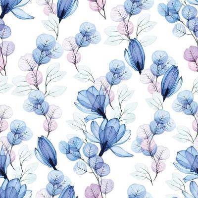 seamless watercolor pattern with transparent blue flowers on a white background. magnolia flowers, eucalyptus leaves x-ray. vintage background with pastel blue, pink, purple colors