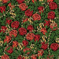 Vintage seamless pattern with lush blooming red and orange roses with stem, gold chains, gold dollar symbols. Dense overlay of elements. Good for gift wrapping, decoration. Vector illustration