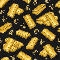 Pattern with stacked gold bars, shiny symbols of major world currencies. US dollar, euro, pound sterling, yen. Vintage vector illustration on a dark background. Treasures, luxury, rich concept