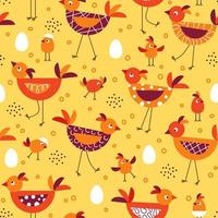 Seamless pattern with cute cartoon birds, chicks on thin legs, eggs, dots. Simple geometric style. Vector design elements. Good for kid fabric, textile.