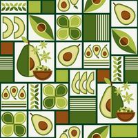 Seamless background with avocado, abstract geometric shapes in square grid with thick lines. Minimal style. Good for branding, decoration of food package, cover design, decorative home kitchen prints vector