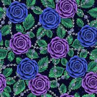 Seamless pattern with lush blooming blue, violet vintage roses, leaves, metal chains with rhinestones and metal ball beads on dark textured background. Vector illustration.
