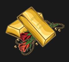 Isolated stack of bars of gold, roses, gold chains. beads. Treasures, luxury, rich concept. Vintage vector illustration.