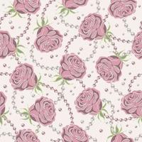 Seamless pattern with pale pink vintage roses, pearl strings, pearls beads on white background. Vector illustration.