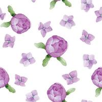 dibujo de acuarela. patrón impecable con capullos de peonía violeta y flores de hortensia sobre un fondo blanco. impresión linda simple para niñas vector