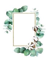 golden rectangular frame with watercolor eucalyptus leaves and cotton flowers. festive clip-art for wedding decoration, invitations, cards. perfumery and cosmetics logo vector