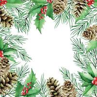 acuarela dibujo marco cuadrado de navidad con ramas de abeto, conos y escaramujos rojos. decoración para año nuevo, tarjetas de navidad. vector