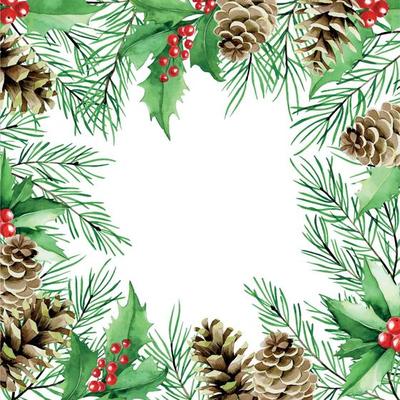 watercolor drawing christmas square frame with fir branches, cones and red rose hips. decoration for New Year's, Christmas cards.