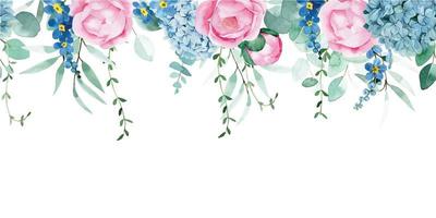 watercolor seamless border, frame with peony flowers, hydrangeas and eucalyptus leaves. delicate print, with pink and blue flowers. vector