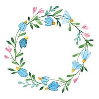 watercolor drawing. wreath, round made of leaves and flowers. abstract forest herbs and wild flowers, spring bouquet, camomile vector