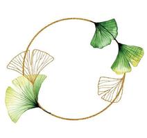 golden round frame with transparent ginkgo leaves. green and gold tropical leaves, minimalistic design. vector