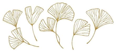 golden ginkgo leaves. graphic drawing set of tropical leaves with gold texture. sketch outline vector