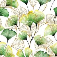 watercolor seamless pattern with tropical ginkgo leaves. green and golden leaves on a white background. vintage print, transparent leaves and flowers x-ray vector