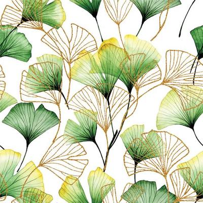 watercolor seamless pattern with tropical ginkgo leaves. green and golden leaves on a white background. vintage print, transparent leaves and flowers x-ray