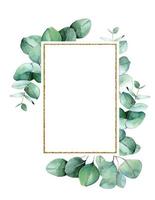 golden rectangular frame with green eucalyptus leaves. watercolor drawing, clipart. design for wedding, postcards, congratulations, invitations. perfume and cosmetics logo vector