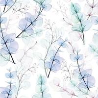 patrón de acuarela transparente con hojas de eucalipto transparentes sobre un fondo blanco. hojas de eucalipto de colores pastel rosa, azul, verde, morado. patrón delicado para boda, tela, papel tapiz vector