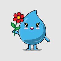 Cute cartoon water drop character hold red flower vector