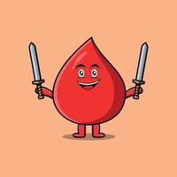 linda gota de sangre de dibujos animados sosteniendo dos espadas vector