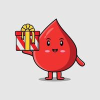 personaje de gota de sangre de dibujos animados lindo con caja de regalo vector