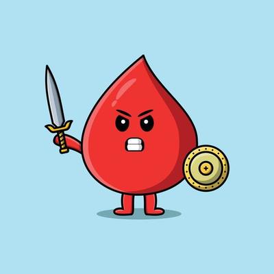 Cute cartoon Blood drop holding sword and shield