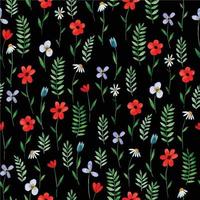 watercolor seamless pattern. simple wild flowers, poppies and herbs on a black background. modern print with dark background abstract flowers vector