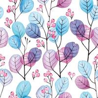 watercolor drawing. seamless pattern with transparent eucalyptus leaves. blue and pink leaves and berries of eucalyptus on a white background. vector