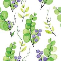 watercolor drawing by hands. seamless pattern of leaves and branches of Vicia cracca, green transparent leaves and purple berries. cute summer print in vintage style on white background vector