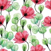 seamless watercolor pattern with transparent poppy flowers, crocuses and eucalyptus leaves. vintage print with red flowers and green leaves on a white background. design for fabric, wallpaper vector