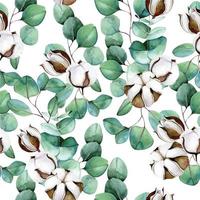 watercolor seamless pattern with green eucalyptus leaves and cotton flowers on white background. pattern in eco, boho style. print for wallpaper, fabric, wrapping paper. vector