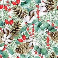 watercolor seamless pattern on the theme of winter, new year, christmas. cotton flowers, eucalyptus leaves, fir branches and cones, red berries on a white background vector