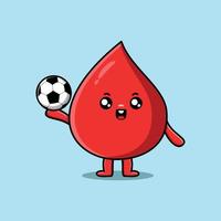 lindo personaje de gota de sangre de dibujos animados jugando al fútbol vector