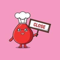 Cute cartoon blood drop chef hold close sign board vector