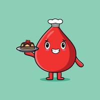 Cute Cartoon chef blood drop serving cake on tray vector
