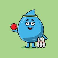 lindo personaje de gota de agua de dibujos animados jugando bolos vector