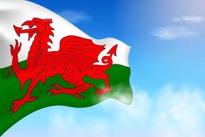 Wales flag in the clouds. Vector flag waving in the sky. National day realistic flag illustration. Blue sky vector.